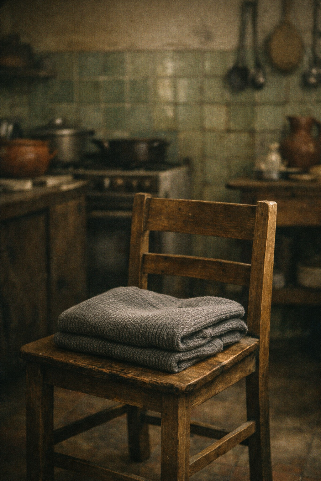 Dos suéteres doblados sobre una silla en una cocina familiar